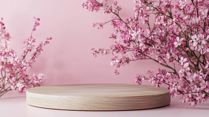 Poster - Pink blossoms & wooden podium