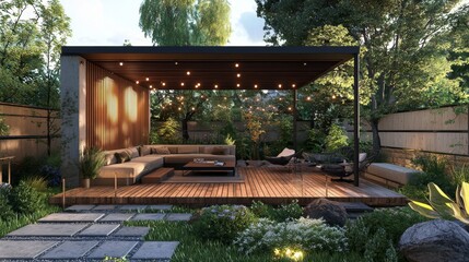 An outdoor deck renovation complete with new staining and modern outdoor furniture under a pergola.