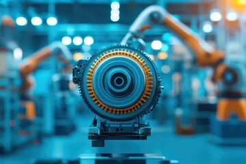 Aufkleber - Closeup of an industrial motor in a factory, gears rotating at high speed, while robotic arms work around it