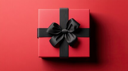 Black Friday sign in gift box wrapped with black ribbon on red background. 3d Render illustration. generative ai