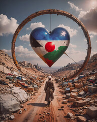 A man with a heart-shaped balloon in the shape of the national flag