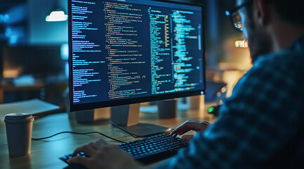 Close up of software developer writing code on computer with code screen displaying complex lines and data dots in office at night
