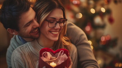 Happy loving couple with red heart gift at home portrait