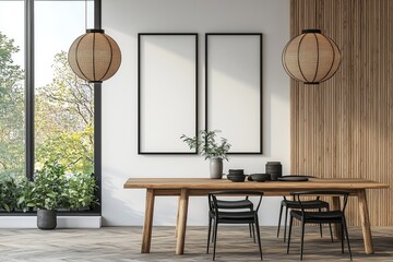 Table and chairs in a stylish dining room with a panoramic window. Mockup frames in place.