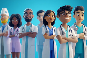 A healthcare team of doctors, nurses, and staff from different ethnicities, genders working together in a hospital setting, showcasing the importance of diversity in healthcare in cartoon 3D style