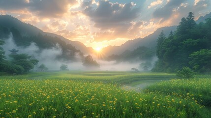 Canvas Print - Sunrise Over Foggy Mountain Valley