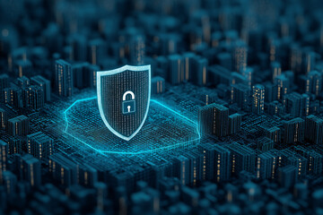 abstract tech background of binary code, featuring a glowing security shield and padlock