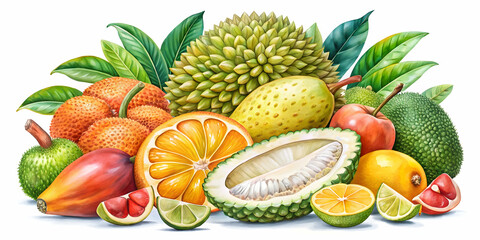 Watercolor of a ripe jackfruit surrounded by other fruits , jackfruit, tropical, exotic, food, healthy, sweet, colorful, watercolor