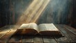 © AQ Arts - An open book with light beams shooting out of the pages, symbolizing the pursuit of knowledge, with the book resting on a simple wooden desk.