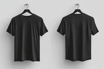 Mock-up of a black t-shirt on a wooden hanger, showing the front and the back of the shirt in 3D.