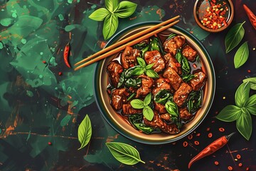 Wall Mural - Spicy Thai fried pork with basil.