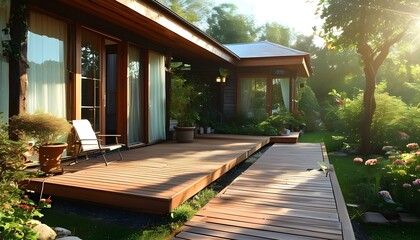 Wall Mural - sunlit wooden deck in a serene garden setting by the house