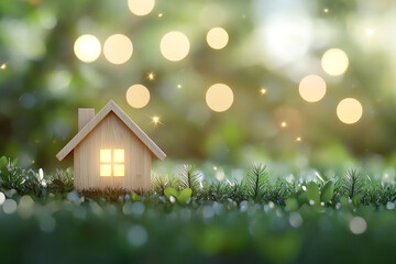 A charming wooden house glowing softly in a serene garden setting, surrounded by lush grass and dreamy bokeh lights.