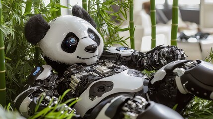 Robot Panda Relaxing in Bamboo Forest