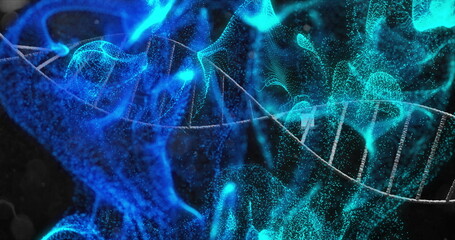 Wall Mural - image of dna strand and mesh with spots of light on dark background