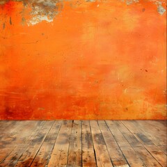 Wall Mural - A textured orange wall with a wooden floor, ideal for backgrounds or photo shoots.