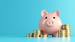 © Generative ART - Pink Piggy Bank Surrounded by Stacked Gold Coins on Blue Background Symbolizing Savings and Investment