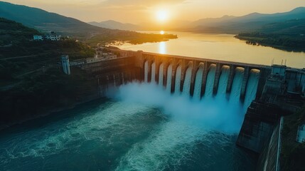 Aerial view of water discharge at hydroelectric power plant