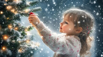 Poster - A little girl is decorating a christmas tree