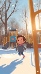 Wall Mural - A little girl running in the snow near a playground