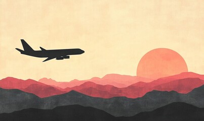 Wall Mural - Silhouette of an airplane flying over a mountain range with a red sun.