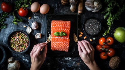 Wall Mural - A person cutting up a piece of salmon on a cutting board