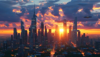 Wall Mural - Futuristic Urban Skyline Illuminated by Cloud Computing Digital Overlays at Sunset in a Smart City