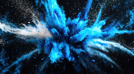Wall Mural - A blue-white-black explosion in deep mysterious space. The colors of holi explode in the air on a black background. A mysterious abstract design background