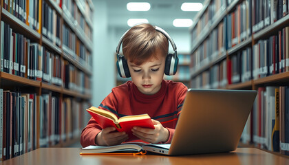 Little boy with headphones reading book using laptop in library isolated with white highlights, png