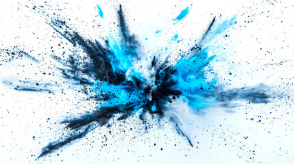 Wall Mural - A blue-black splash of Holi colors on a white background. Particles and dust from the paints fly in all directions. Fashionable abstract background. The blue and black colors contrast