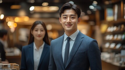 A businessman in a suit looks at the camera with a confident smile while a businesswoman stands behind him in a blurred background.