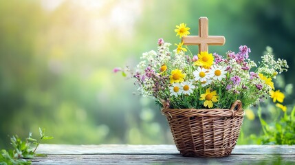 Wall Mural - Christian cross and meadow flowers in wicker basket on table, natural background. Herbal consecration - traditional customs of August 15, day of the Assumption of Mary, generative ai