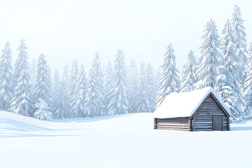 A serene winter landscape featuring a quaint cabin surrounded by snow-covered pine trees and a gentle snowfall.