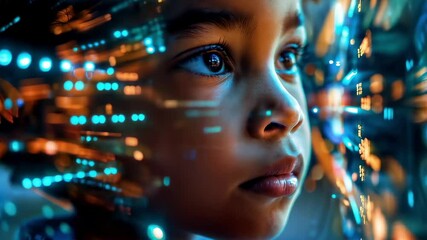 Portrait child with digital code overlay, AI learning, data and technology future, digital tech education, cybersecurity, and digital marketing