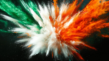 Wall Mural - A colorful explosion of Holi colors in the colors of the flag of Ireland. A bright explosion of green, white and orange powdery paints on a black background in the air. Amazing abstract background