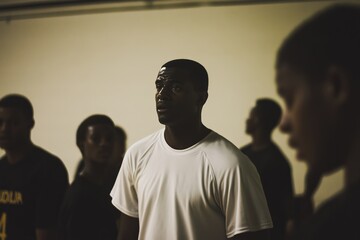 Coach holding basketball with team in background, black african American male