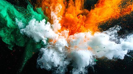 Wall Mural - A bright explosion of green, white and orange colors. The explosion of colors of Holi formed into the flag of Ireland. Smoke and dust are swirling in the air. The colors are bright and vibrant