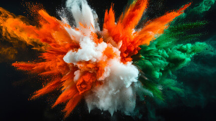 Wall Mural - A bright explosion of smoke and dust in orange, white and green colors. A cosmic explosion. The explosion is so big that it takes up the entire frame of the image. Colorful fireworks