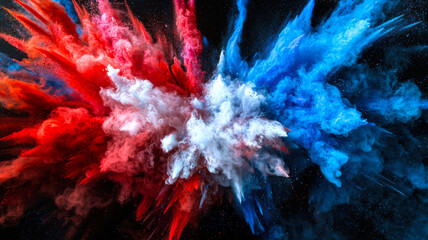 Wall Mural - A colorful explosion of red, white and blue powdered Holi paints in the air on a black background. The colors are bright and the explosion is dynamic. Juicy beautiful abstract design background