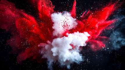 Wall Mural - An explosion of red and white Holi colors in the air on a black background. A red and white explosion cloud with red and white particles flying in all directions. Amazing abstract background