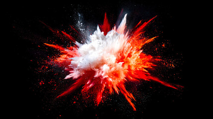 Wall Mural - Flash. A red and white explosion in the air. The explosion is very large and consists of many small pieces of red and white particles. White and red Holi dyes are mixed in the air