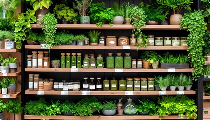 Wall Mural - Eco-Friendly Product Showcase Surrounded by Lush Greenery and Fresh Herbs