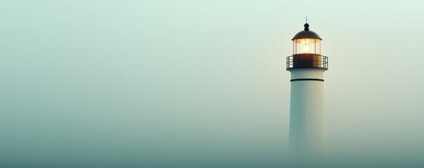 Wall Mural - A serene lighthouse standing tall in a foggy atmosphere, illuminating the path for sailors amid a tranquil coastal landscape.