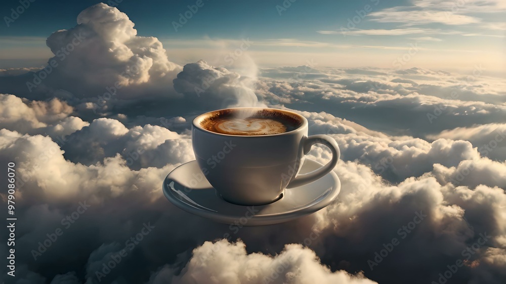 A Steaming Cup of Coffee Floating Above the Clouds with a Majestic Mountain Sunrise