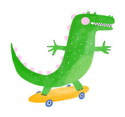 Wall Mural - cute green alligator skateboarding. happy crocodile on a white background. nursery art with funny al