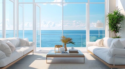 Modern bright interiors apartment living room with sea