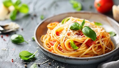 A plate of delicious pasta with sauce and basil