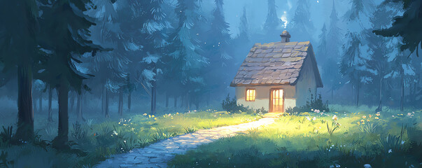 Serene forest scene with a cozy cabin glowing warmly amidst tall trees and soft flowers, evoking peace and tranquility.