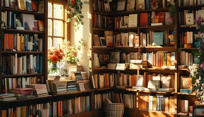 Warm and Inviting Bookshop Corner with Sunlit Shelves and Charming Floral Details