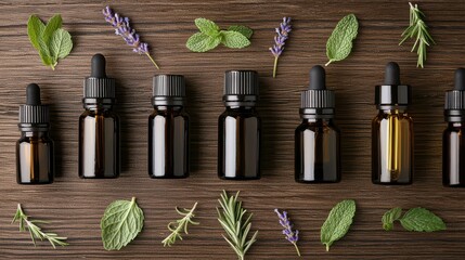 Wall Mural - Essential Oils Bottles with Mint  Rosemary  and Lavender on Wooden Background